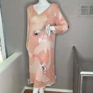 Starlight Sz 8-10 Peach Pink Gray Beaded Side Slit Long Sleeve Dress